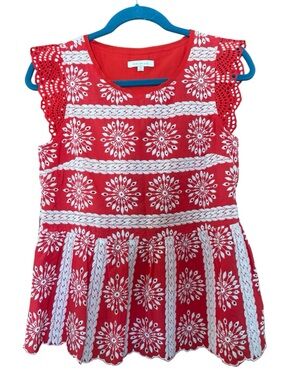 XS Skies are Blue Red Crochet Embroidered Eyelet Shirt